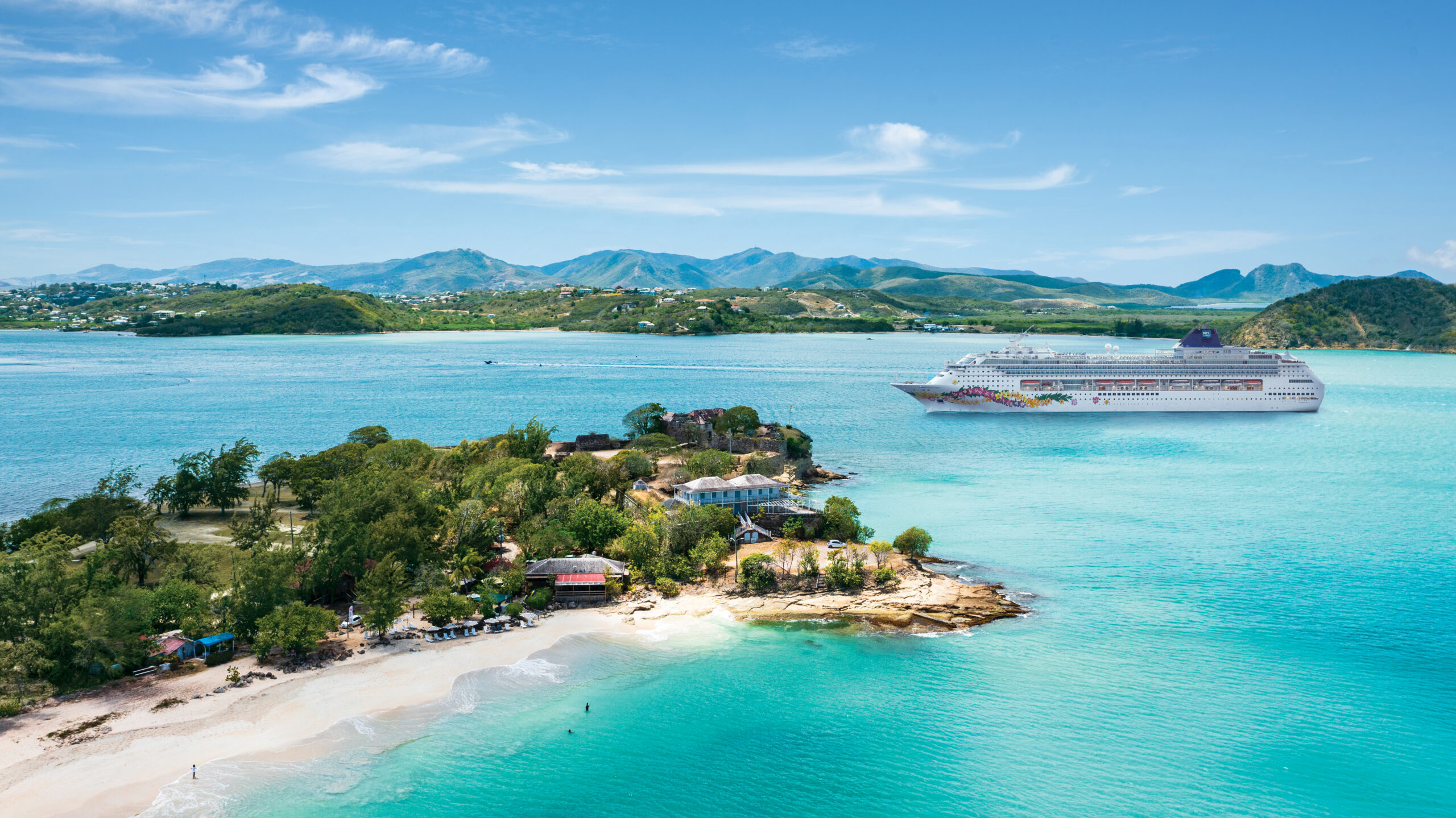 Aerial view of Fort James fortress surrounded by the turquoise Caribbean Sea, St John's, Antigua, Leeward Islands, West Indies